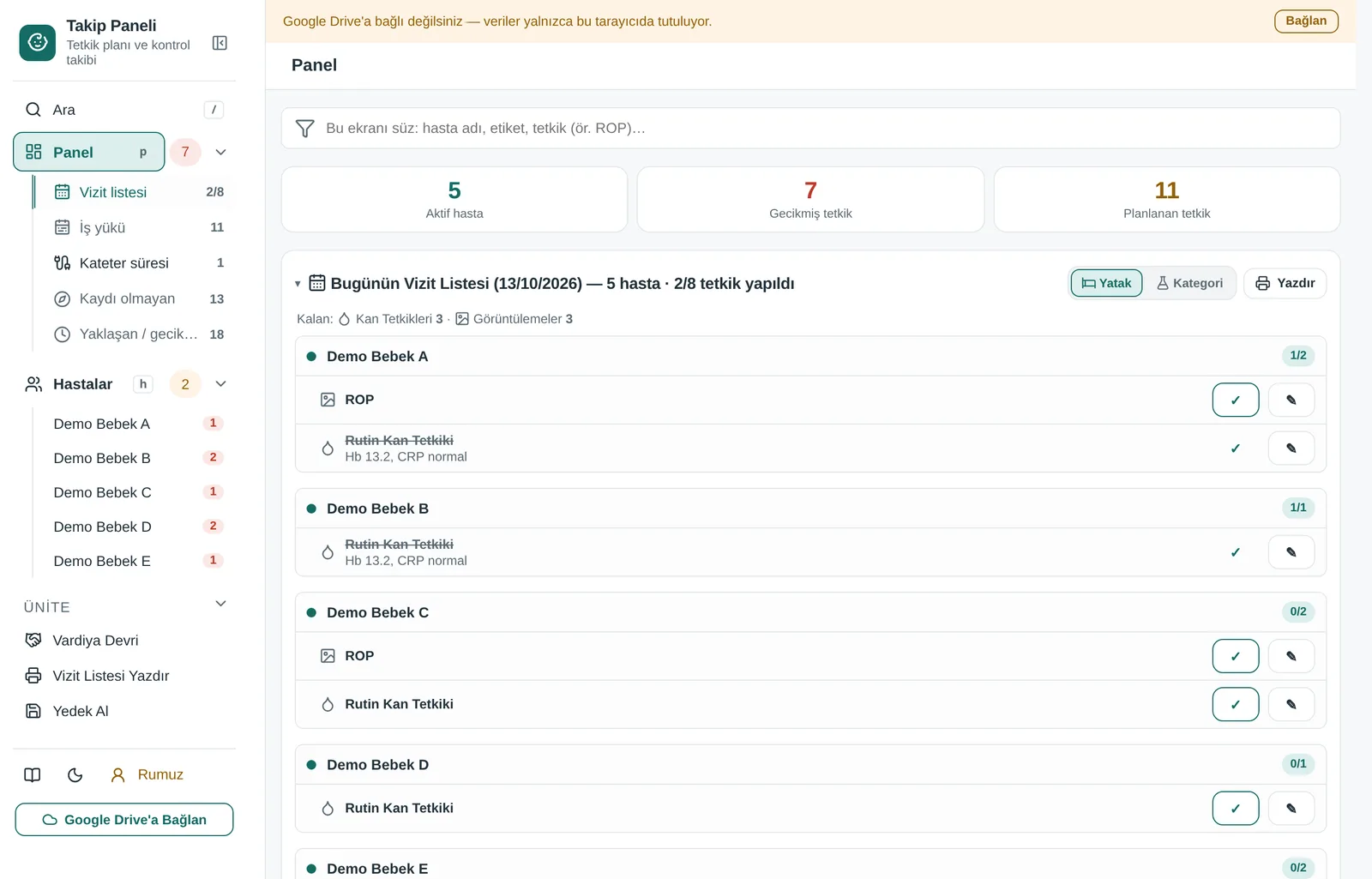 Dashboard showing today's visit list: five demo patients with their due and completed tests.